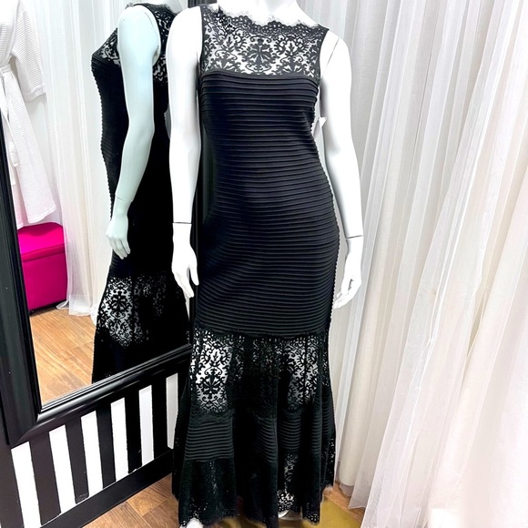 Tadashi Shogi Black Ribbed & Lace Bodycon Gown XS - Picture 1 of 11